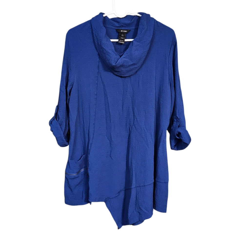 ALI MILES Top Women L Tunic Blue Cowl Neck Crinkle Asymmetrical Lagenlook